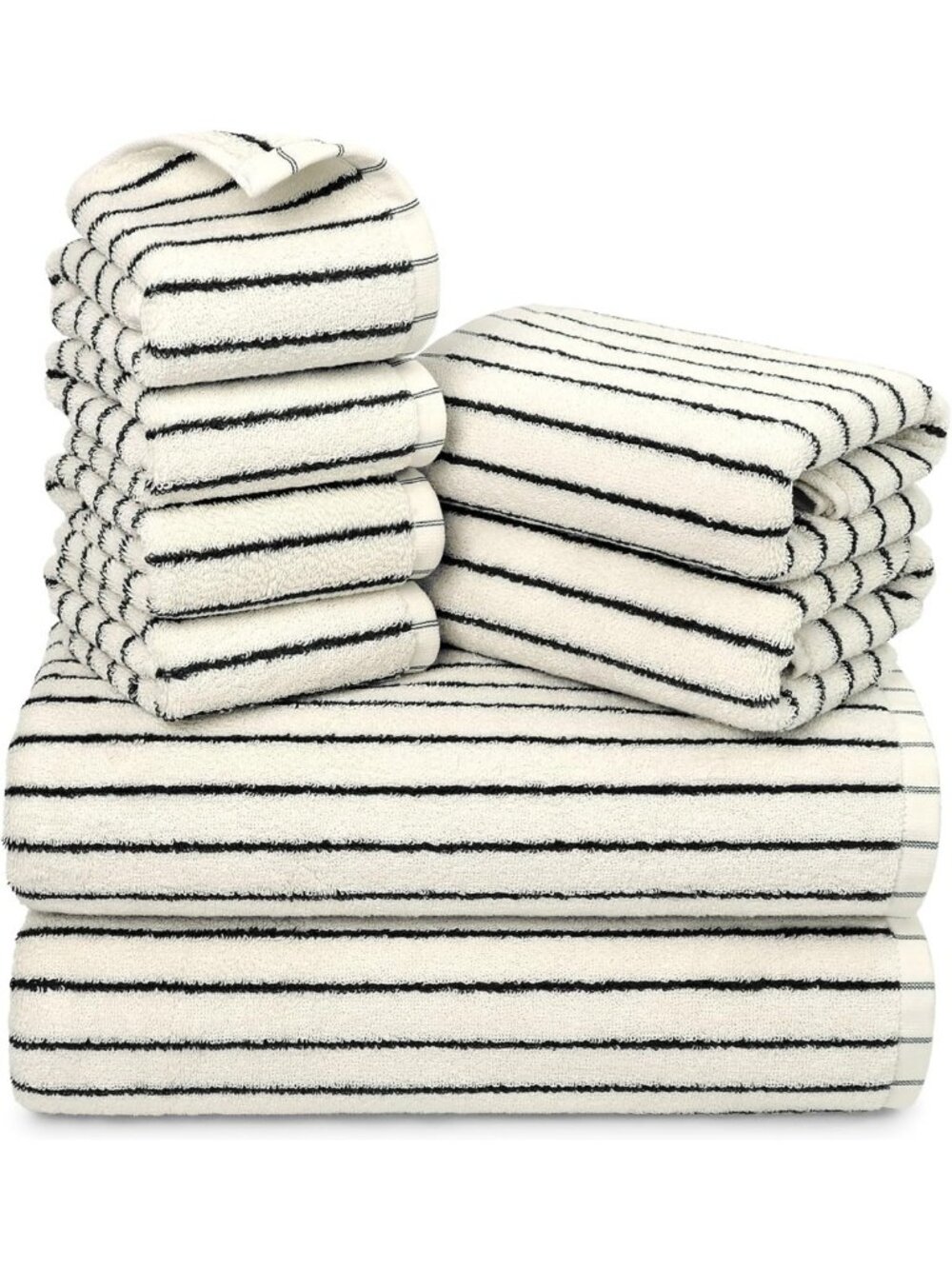 8-Piece Soft & Absorbent Black Ivory Towel Set - Luxurious Striped Cotton